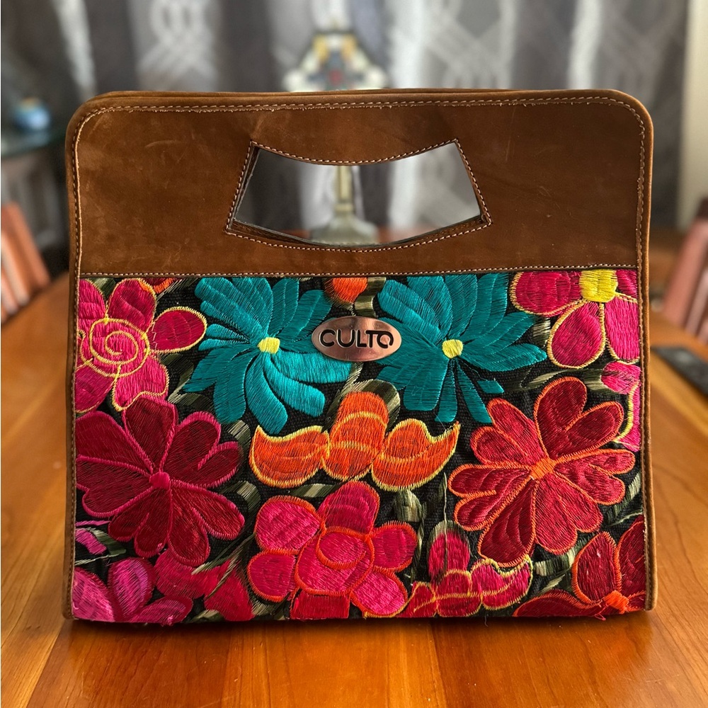 Culto embroidered multi colored bag leather trim